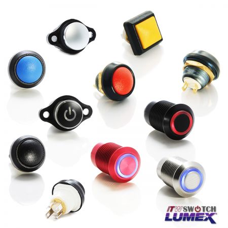 Interruptores de botão de 12mm - ITW Lumex Switchfornece uma variedade de designs de botões que podem ser instalados em um recorte de painel de 12 mm.